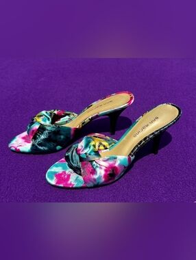 Ann Marino Multicolor Floral Knot-Front Mules in Pink, Teal, Yellow